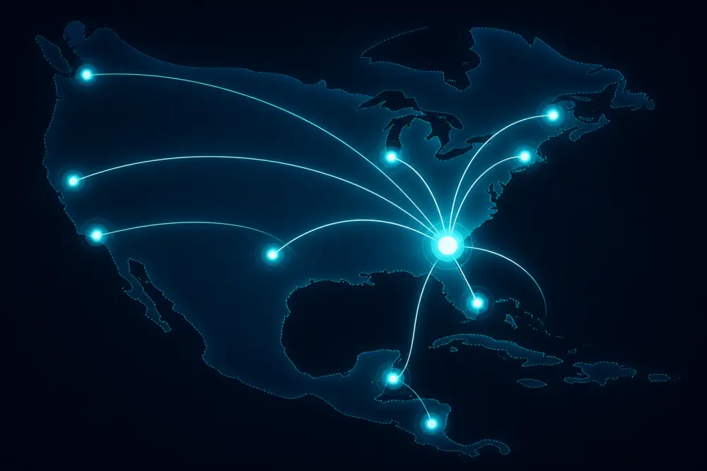 Stylized network map of North and Central America: a Savannah, Georgia hub connected by arcing lines to Boston, New York, Chicago, Orlando, Austin, San Francisco, Seattle, Los Angeles, Belize, and Honduras